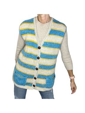 Vintage hand knit boxy beige yellow blue stripe sweater vest